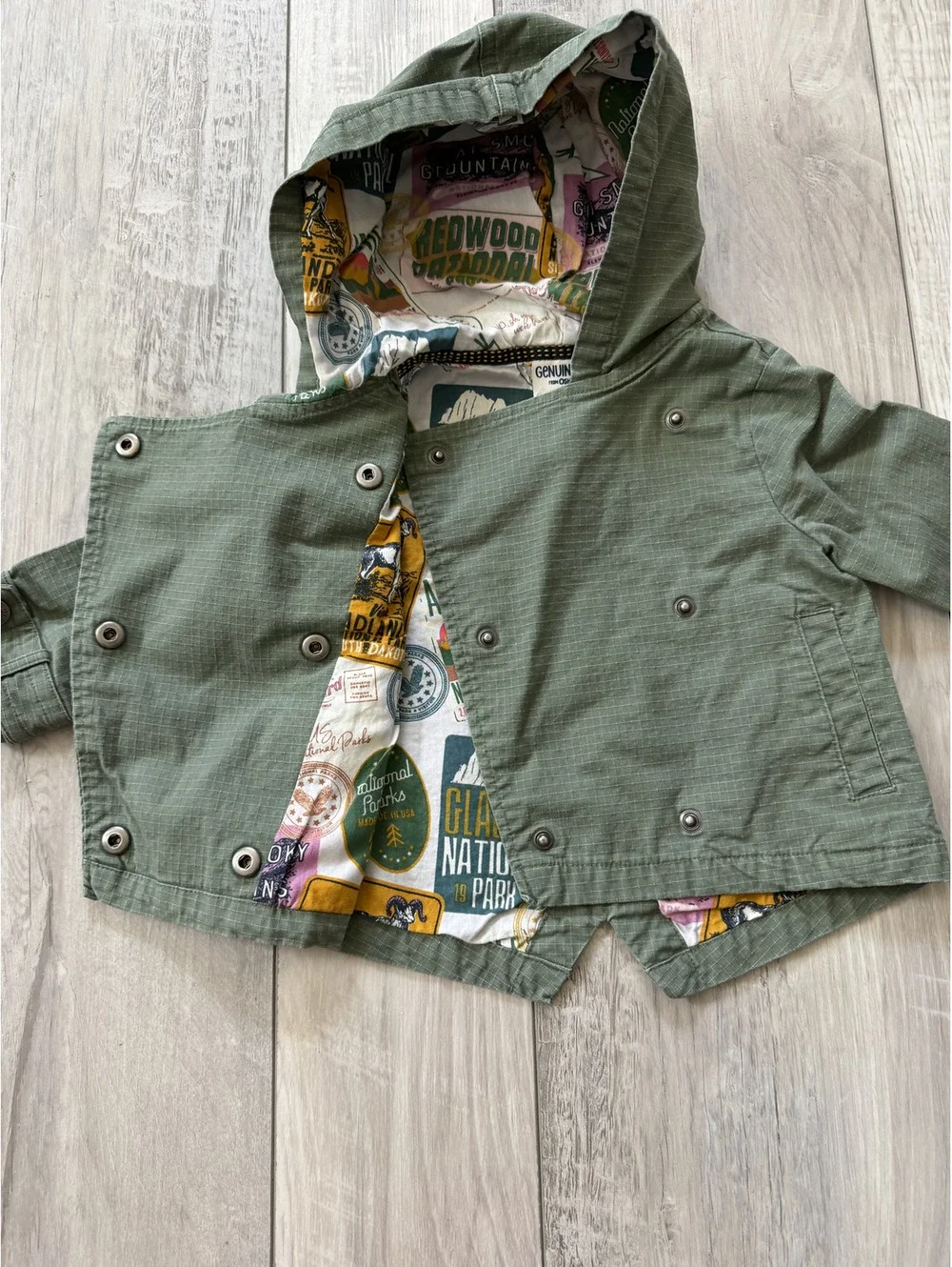 Vintage Genuine Kids OshKosh Cotton National Park Hooded Utility Jacket size 2T